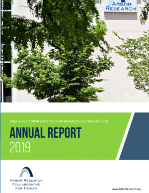 2019 Report Annual Cover. The top half shows a photo of green trees with a beige exterior wall in the background. Below that, a wide green stripe contains the report title text.